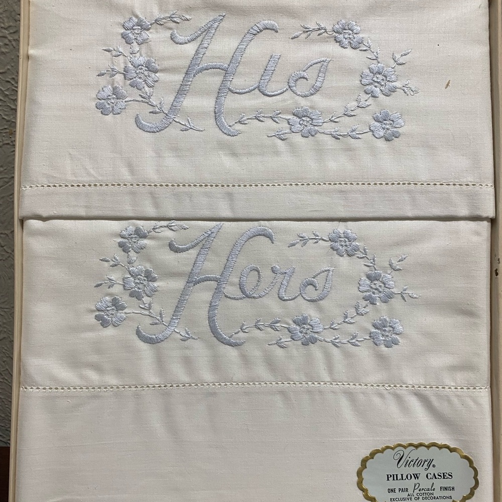 Vintage, Victory, Set of Embroidered His and Hers Pillowcases. In Original Box.
